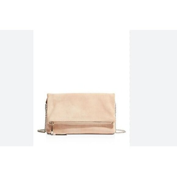 KAREN MILLEN suede foldover clutch shoulder bag + Dust bag  - NUDE - Picture 1 of 8